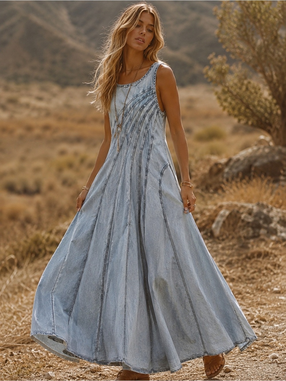 Free People Blue Jean Baby Maxi Dress Light Wash Denim Size 2 Boho A-Line - Picture 1 of 5
